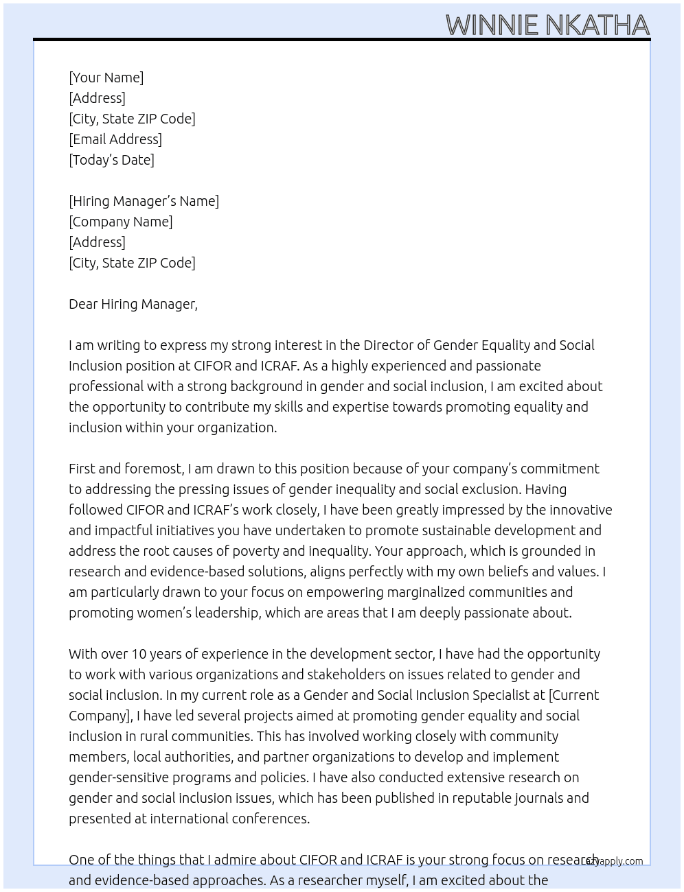 Director gender equality and social inclusion  At CIFOR and ICRAF  Cover Letter
