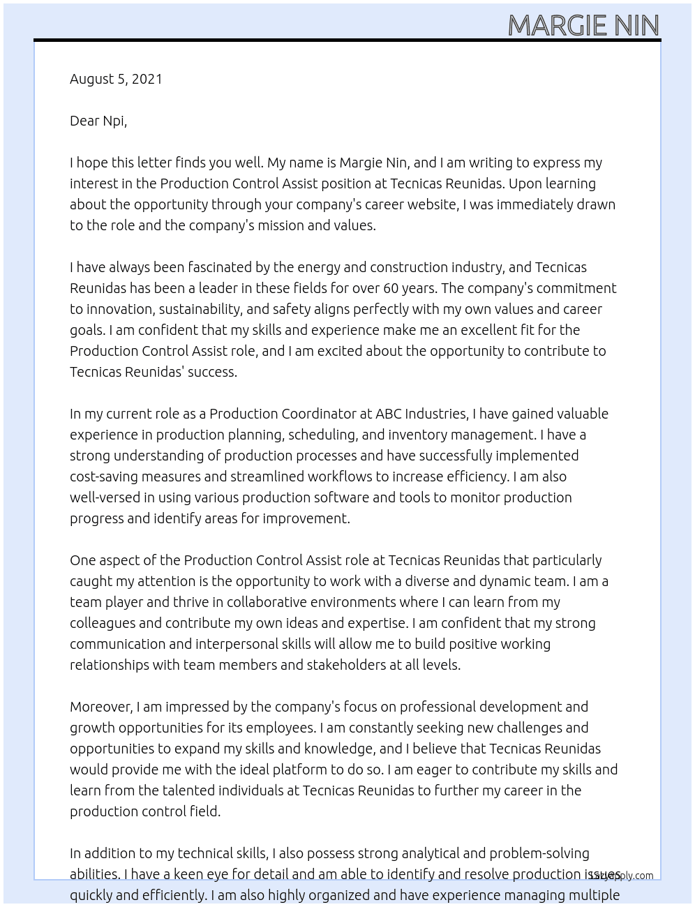Production Control Assist At Tecnicas Reunidas Cover Letter