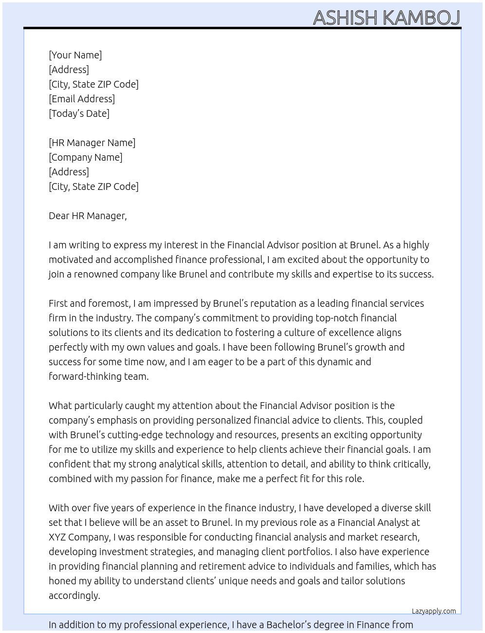 Financial Advisor At Brunel Cover Letter