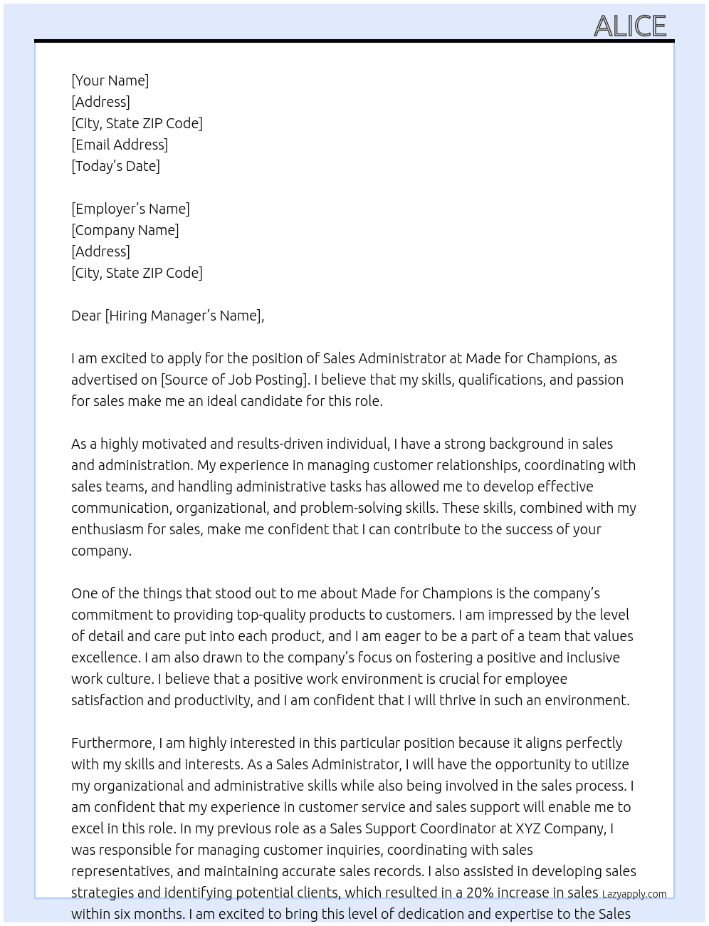Sales Administrator At Made for champions Cover Letter