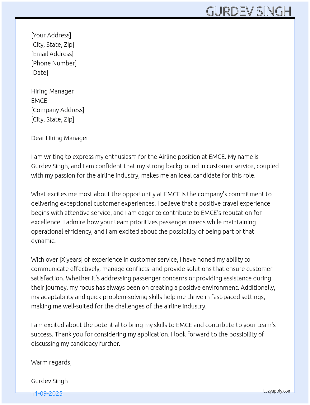 Airline At EMCE  Cover Letter