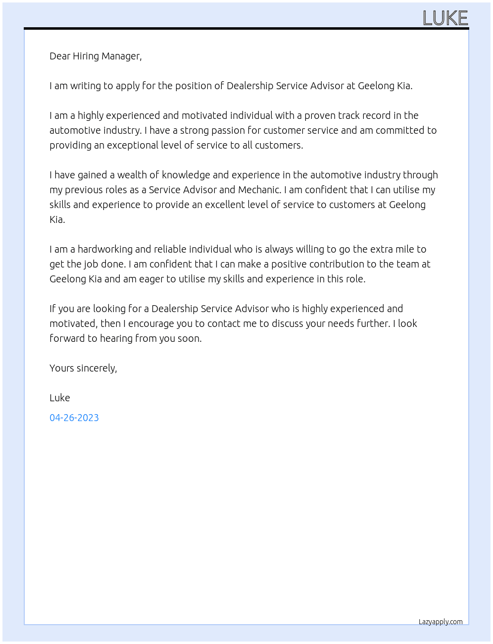 Cover letter for dealership service advisor - LazyApply