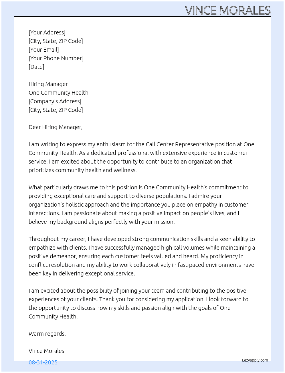 Cover letter for call center representative - LazyApply