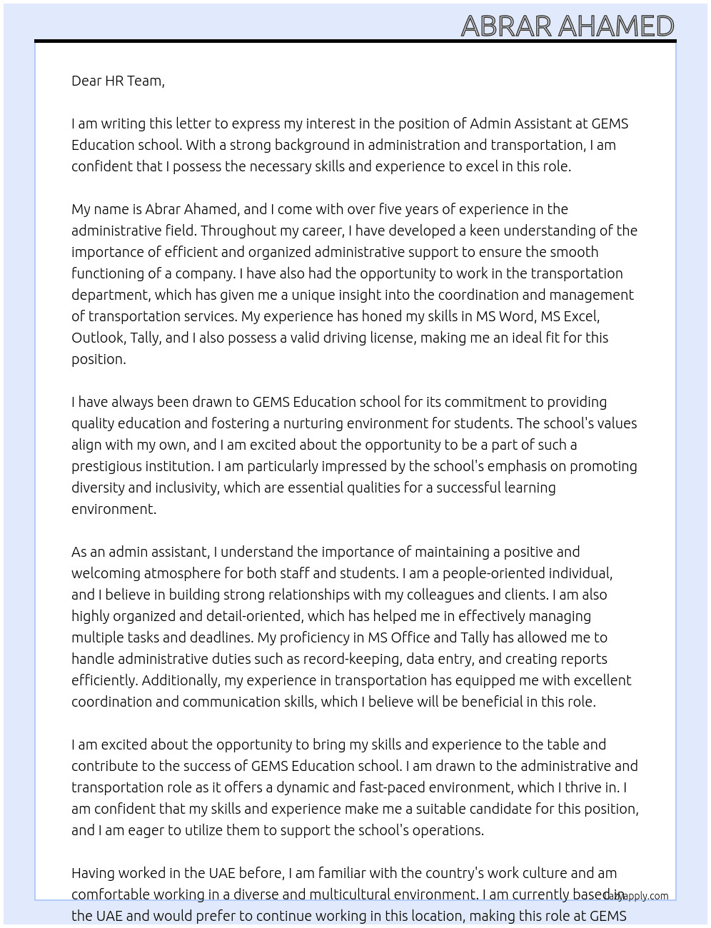 Admin Assistant At GEMS Education school Cover Letter