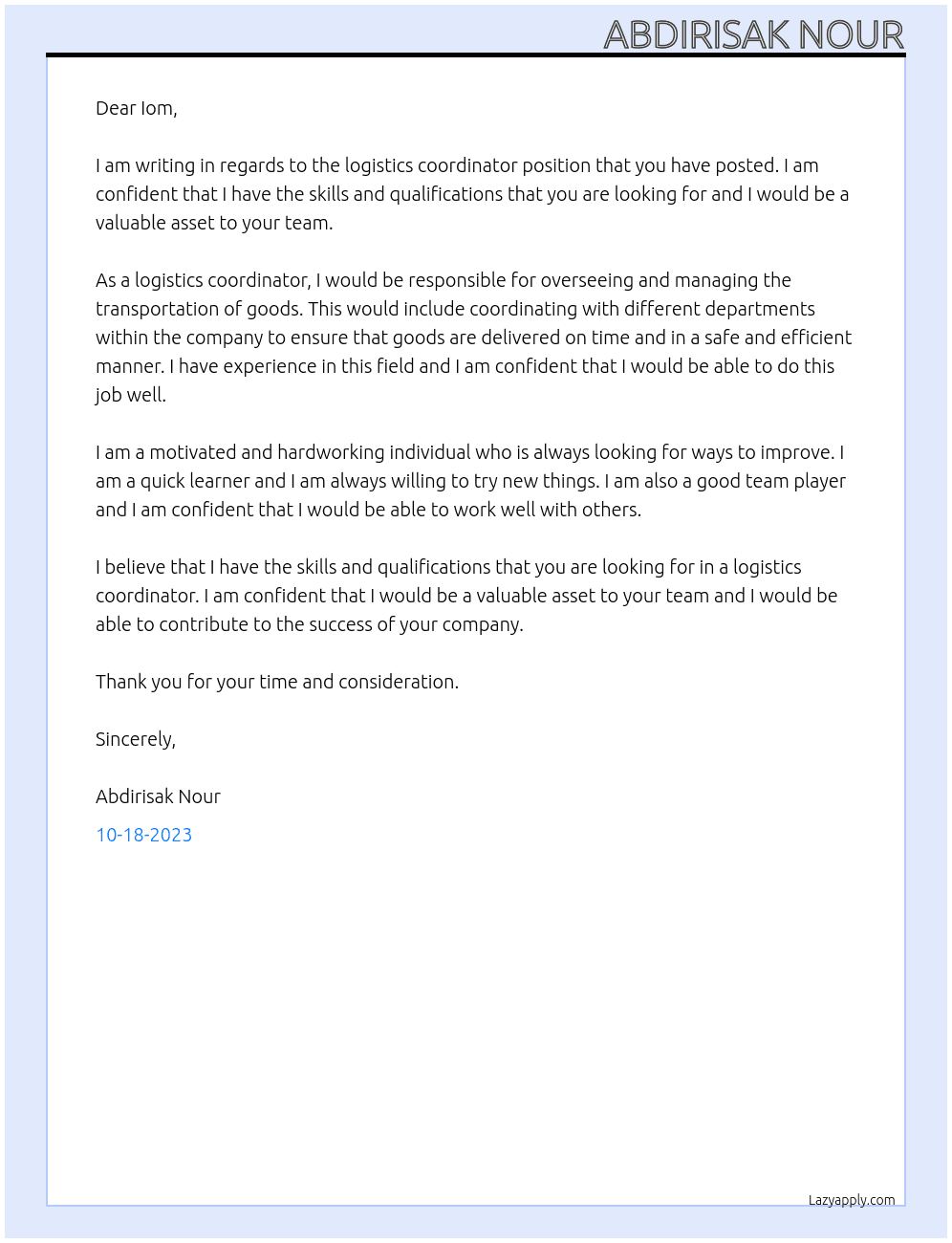 logistics coordinator  At Iom Cover Letter
