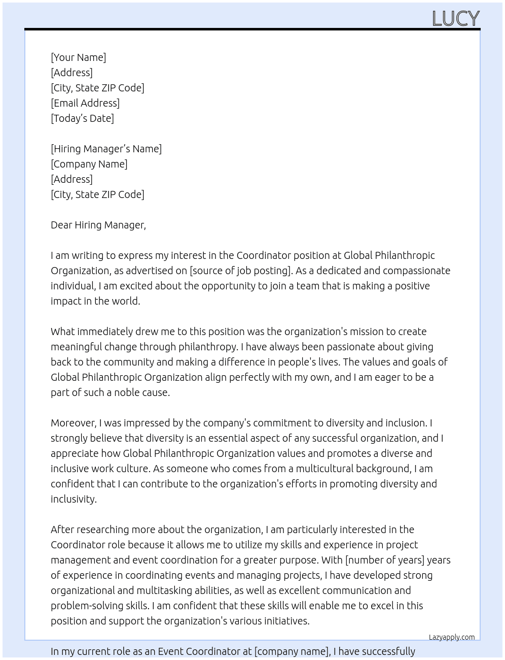 Coordinator At global philathropic organisation Cover Letter