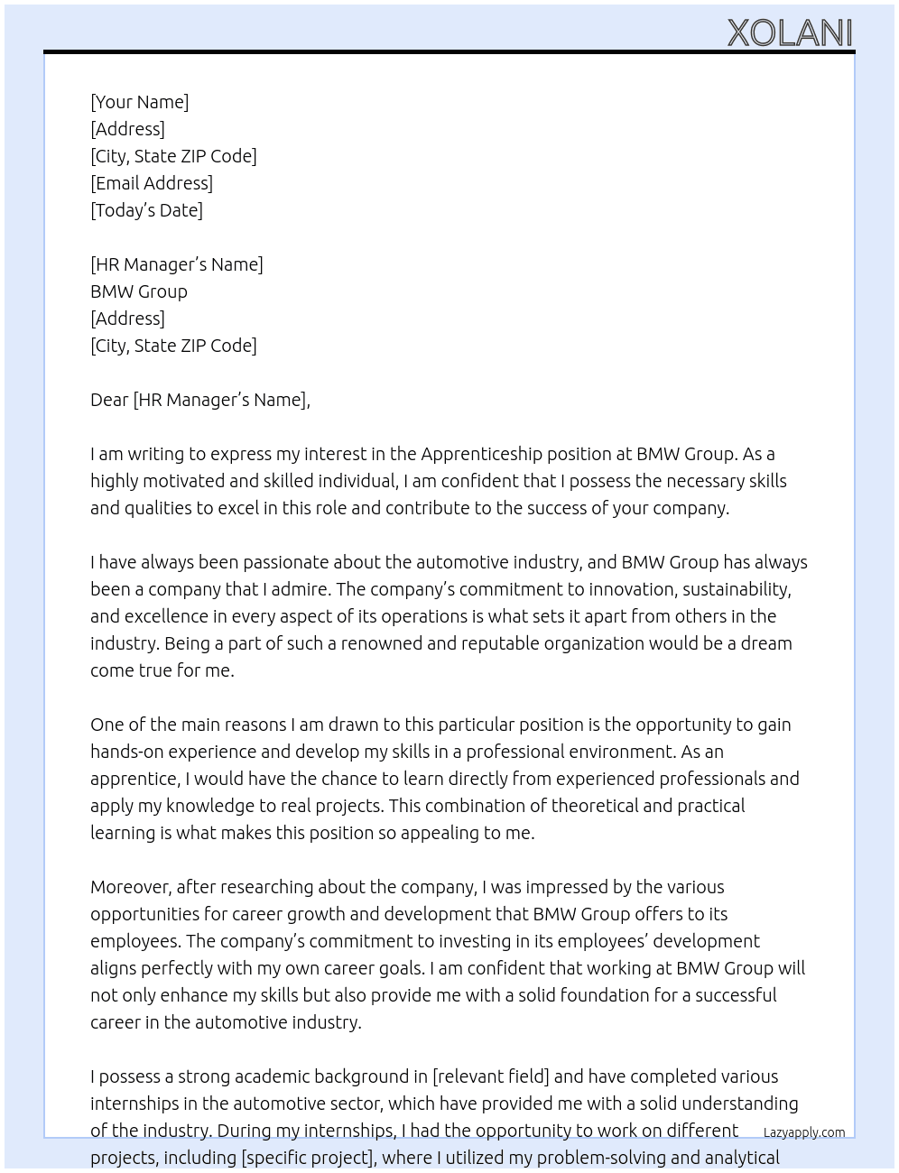 Apprenticeship  At Bmw group  Cover Letter