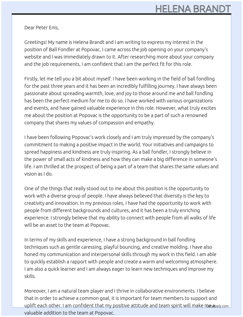 Ball Fondler At Popovac Cover Letter