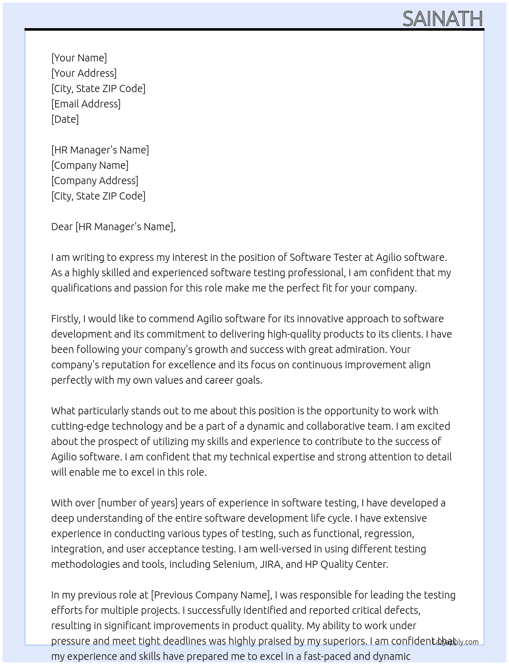 Software Tester At Agilio software Cover Letter