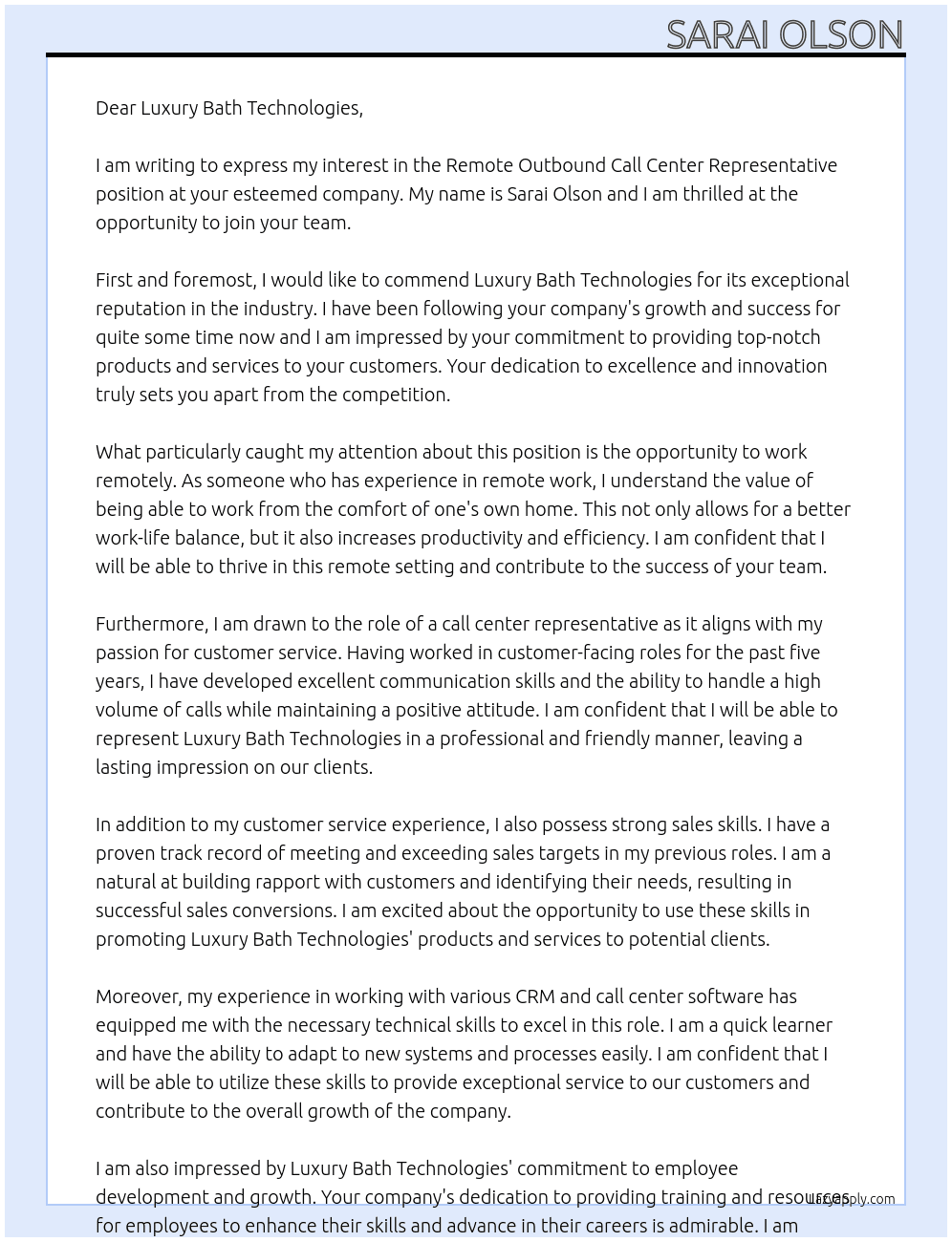 Remote outbound call center representative At Luxury Bath Technologies Cover Letter