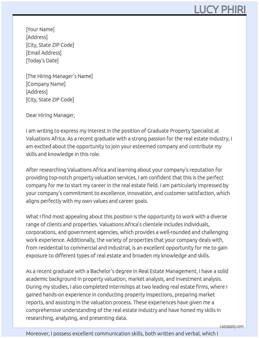 Graduate property specialist At Valuations africa Cover Letter