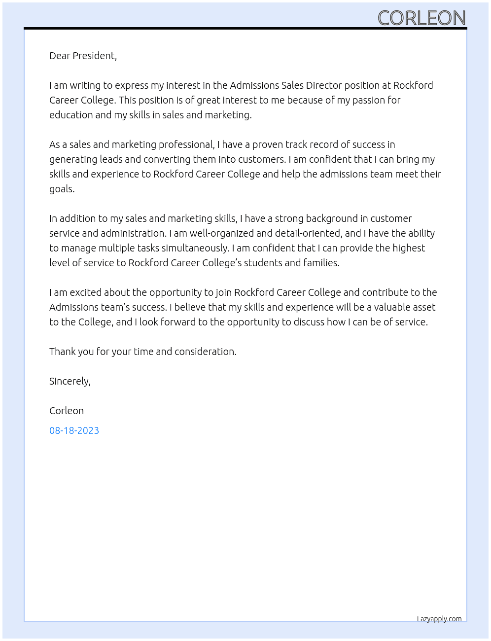 Admissions Sales Director At Rockford Career College Cover Letter