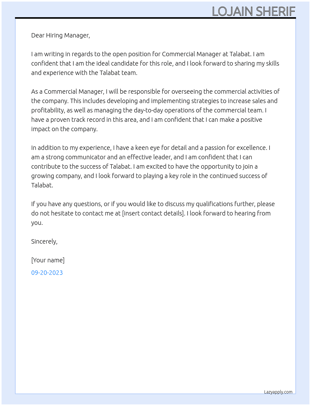 Commercial Manager At Talabat Cover Letter