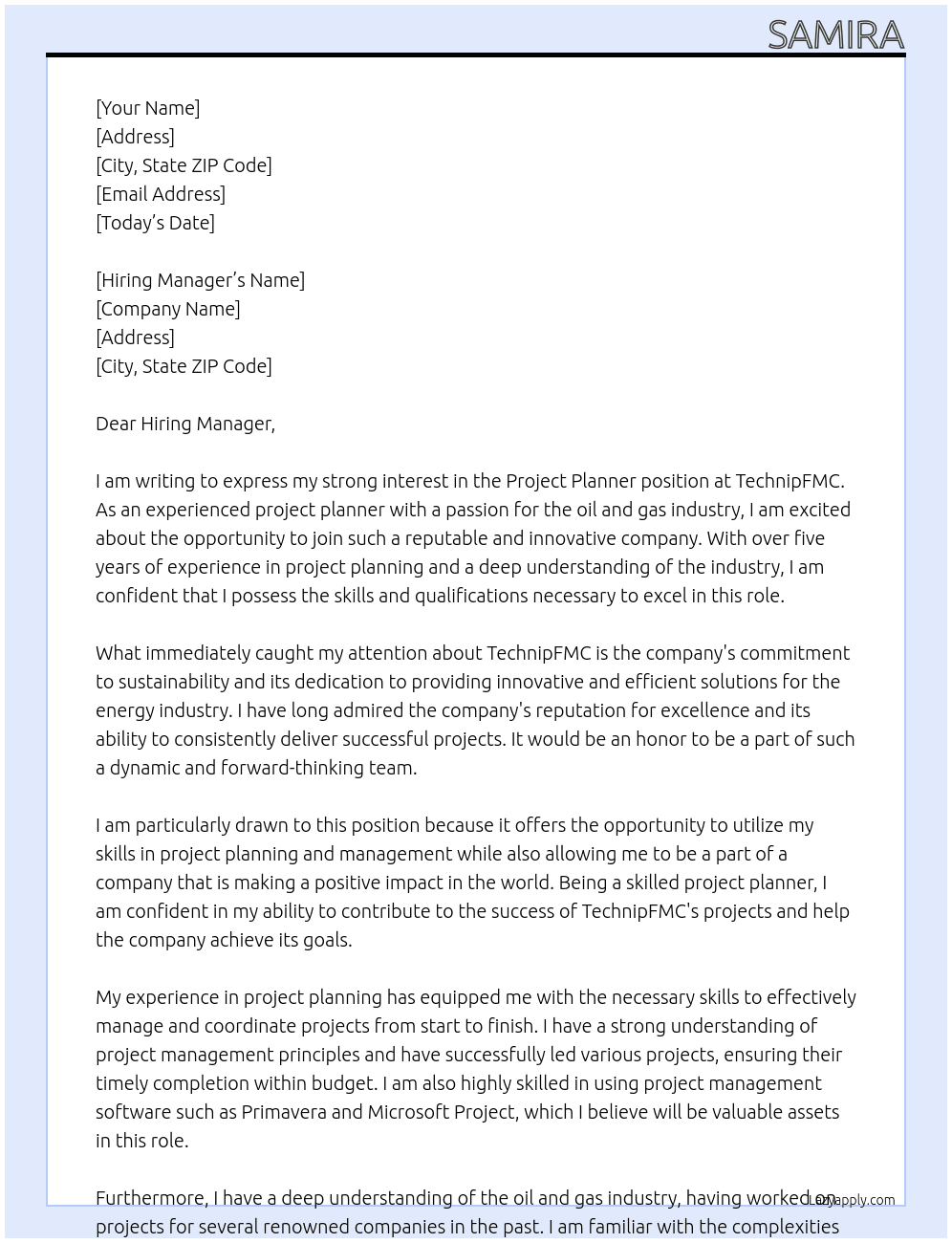 Project planner At TechnipFMC Cover Letter