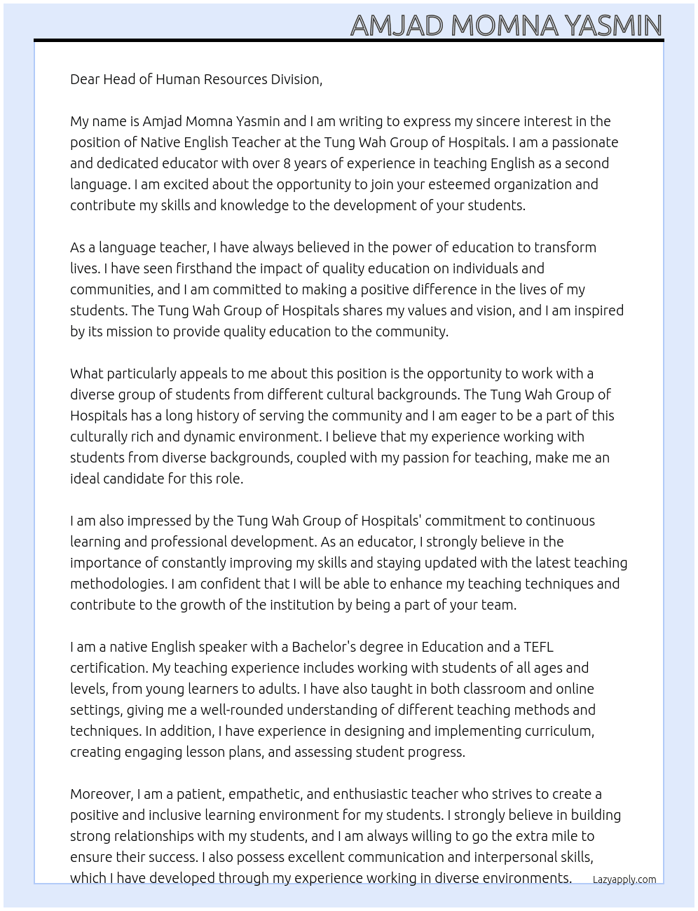 native english teacher  At Tung Wah Group of Hospitals Cover Letter