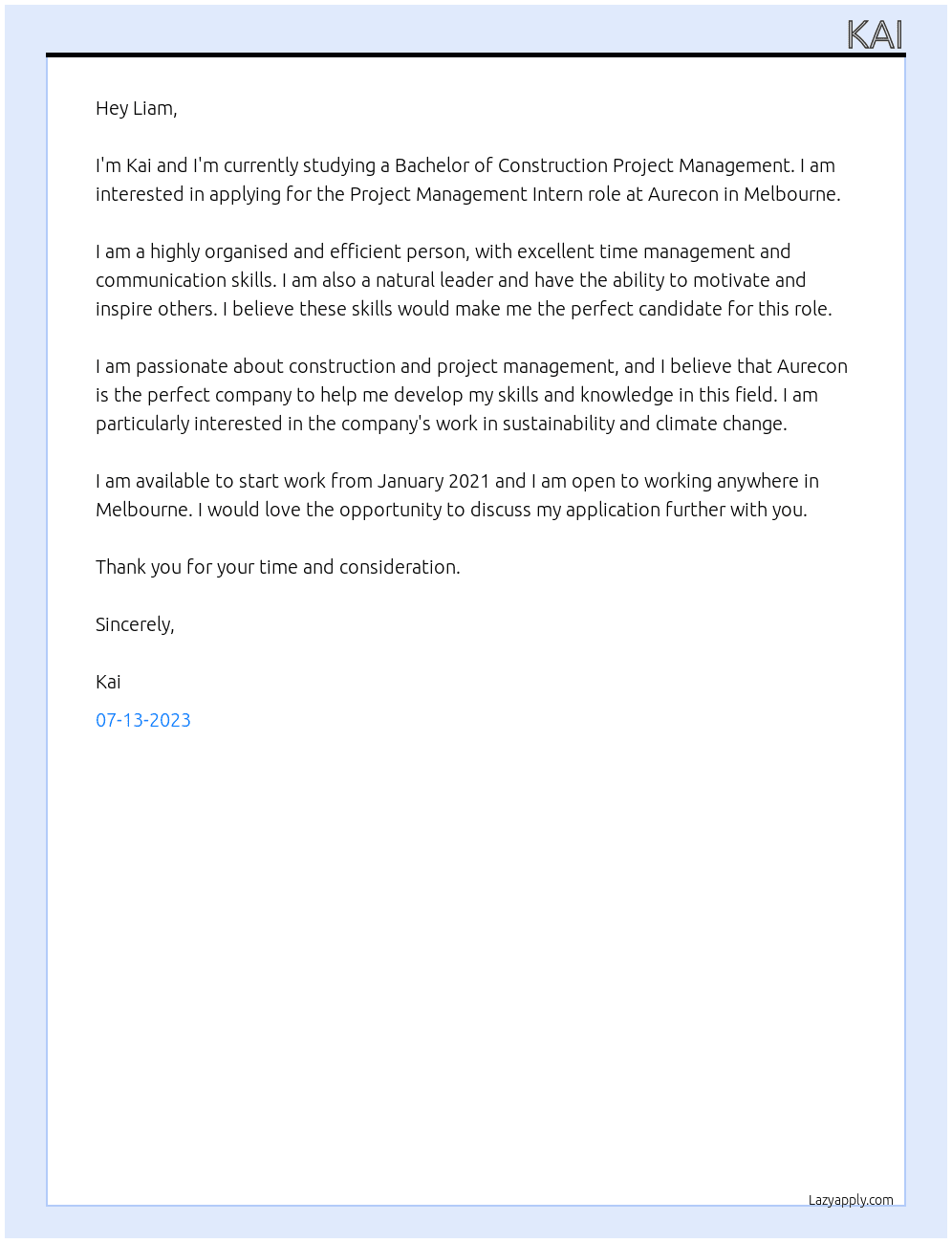 Project management intern At Aurecon Cover Letter