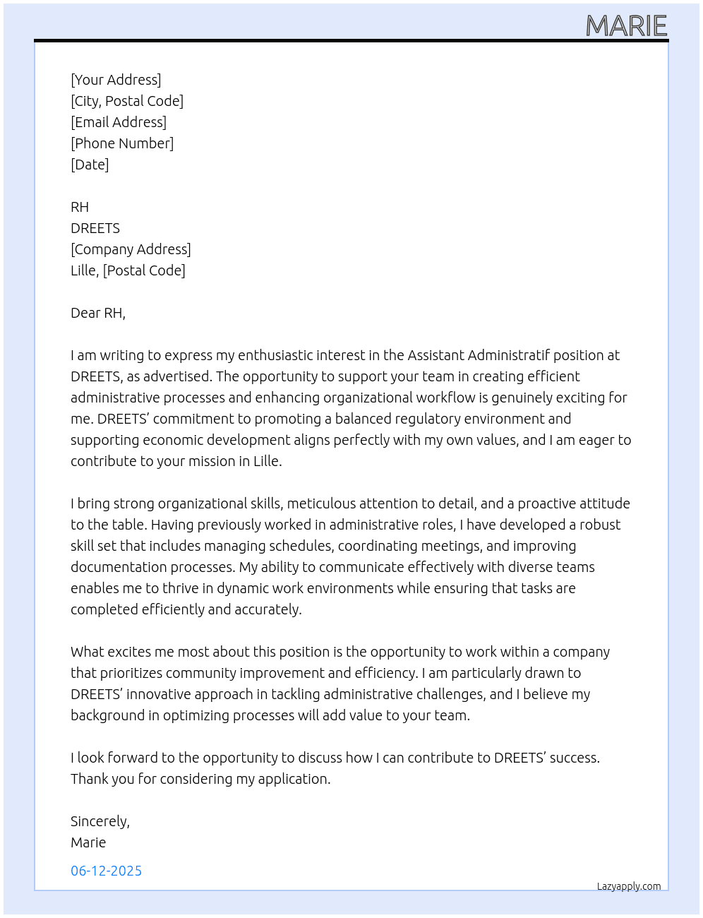 Assistant Administratif At DREETS Cover Letter