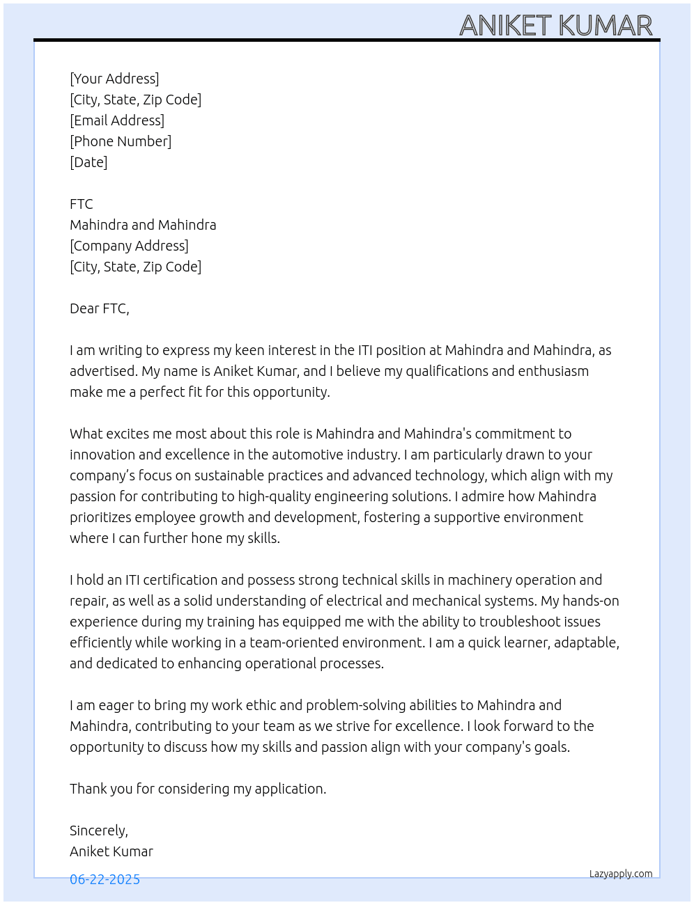 Cover letter for iti work - LazyApply
