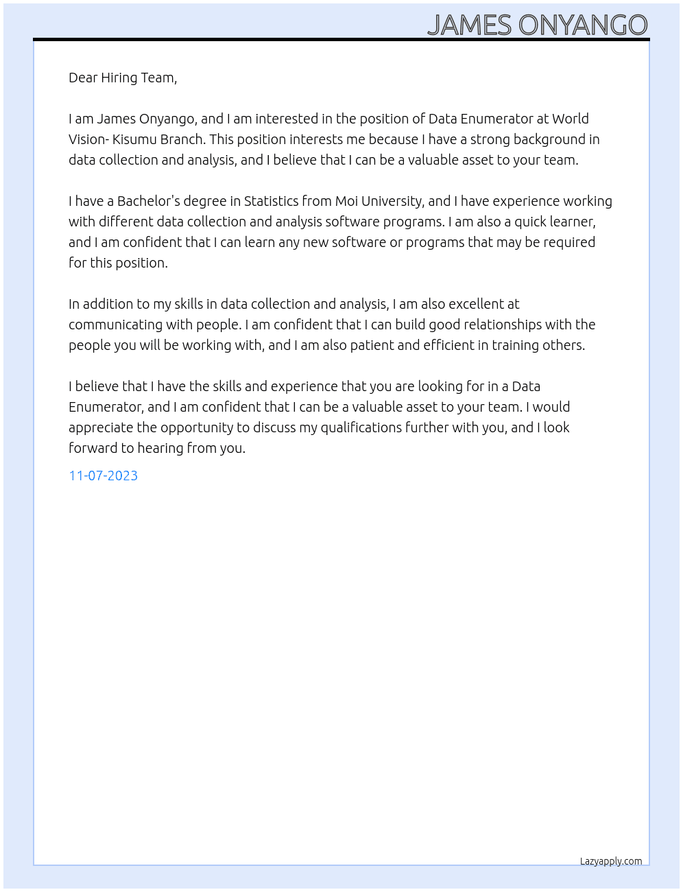 Data Enumerator At World vision- kisumu Branch Cover Letter