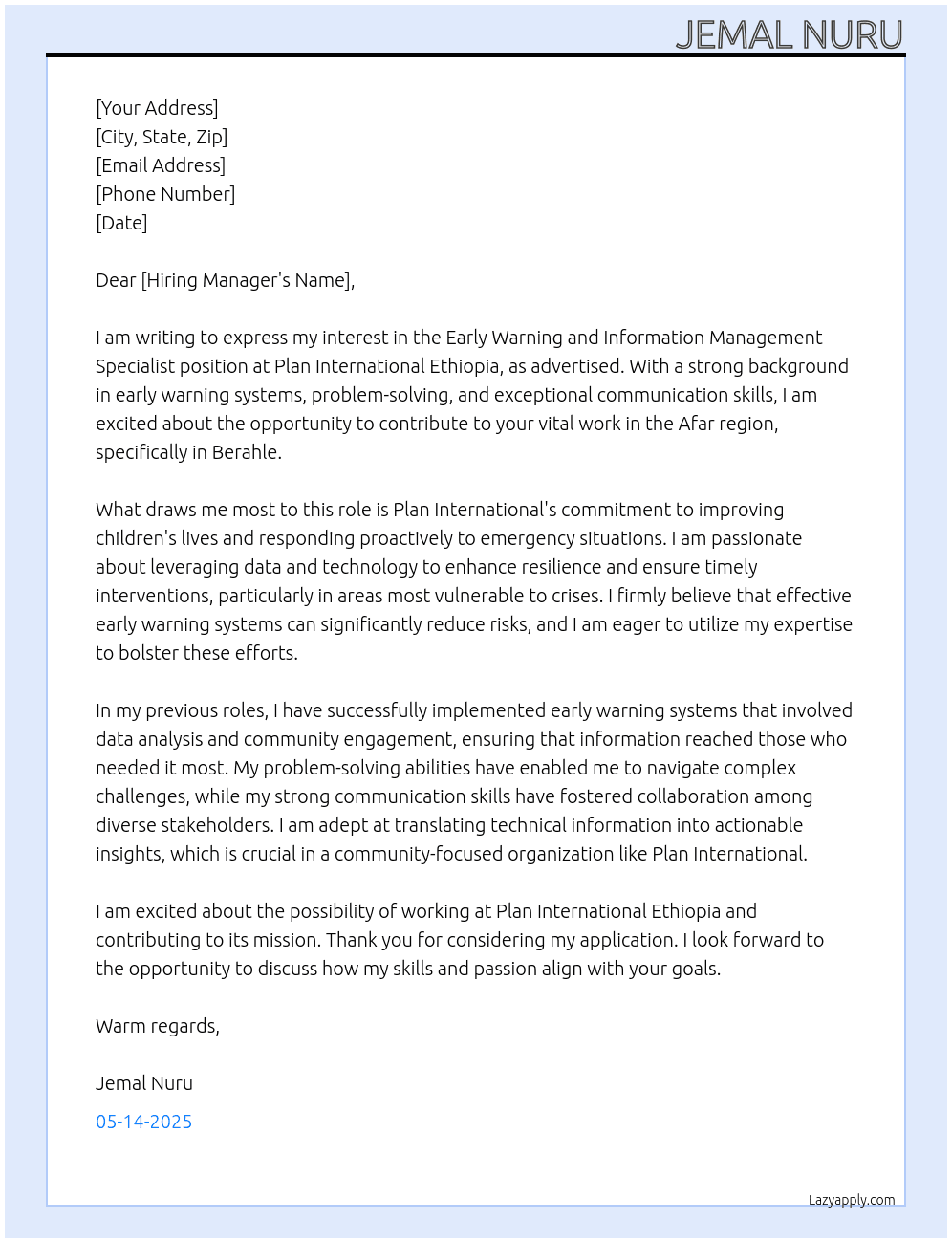 Early Warning and Information Management Specialist At Plan International Ethiopia  Cover Letter