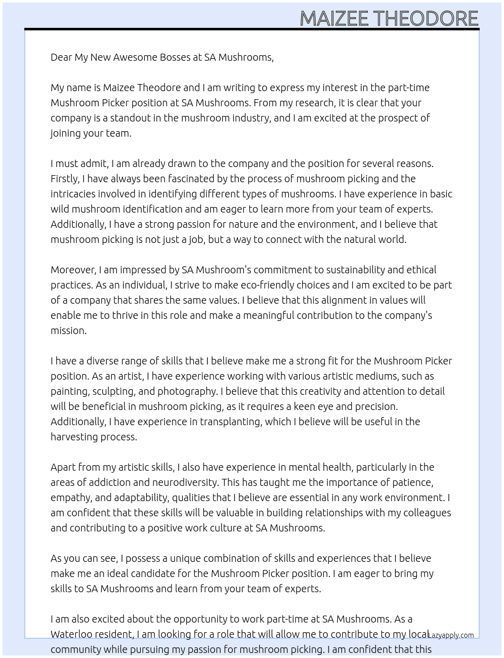 Mushroom picker At SA mushrooms Cover Letter