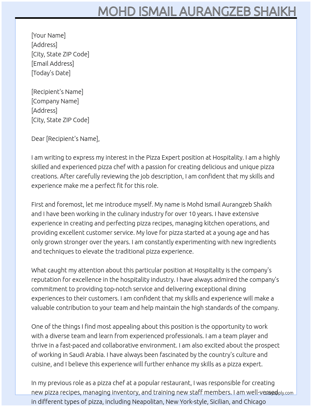 Pizza expert At Hospitality  Cover Letter