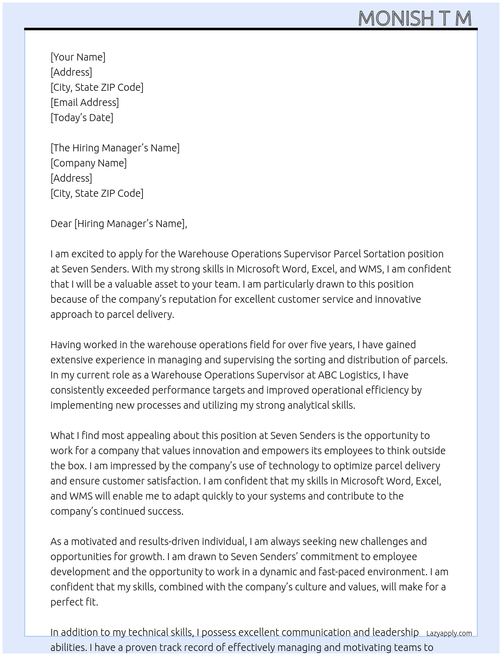 Warehouse operations supervisor parcel sortation  At Seven Senders Cover Letter