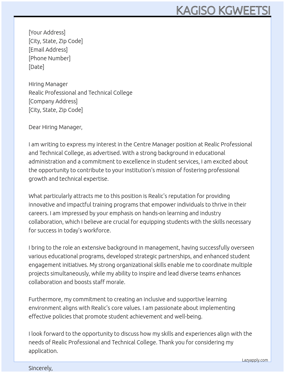 Centre Manager At Realic Proffessional and Technical College Cover Letter