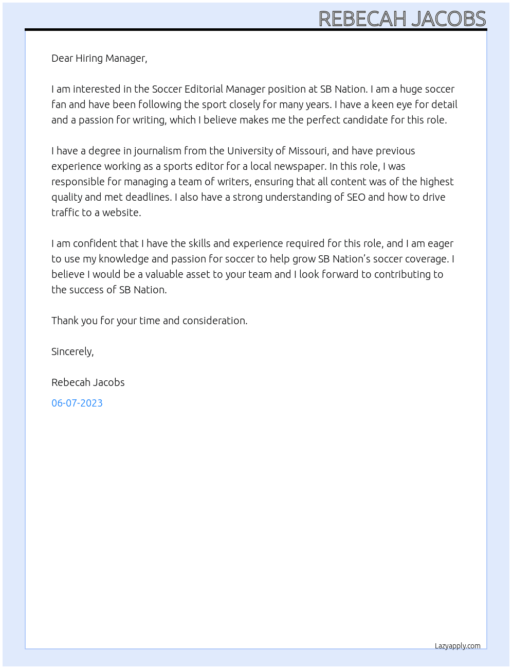 Soccer Editorial Manager At SB Nation Cover Letter