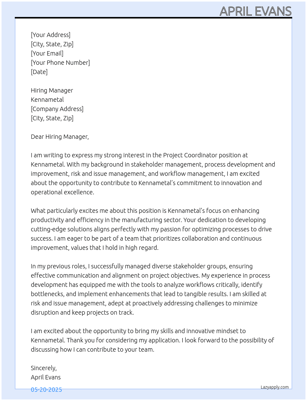 Project Coordinator At Kennametal Cover Letter