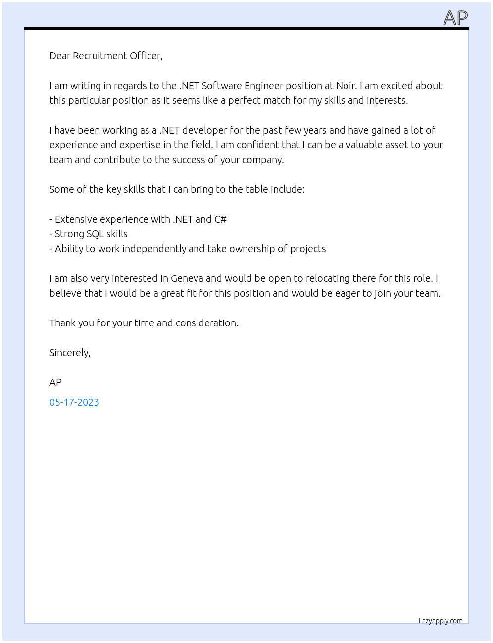 .NET Software Engineer At Noir Cover Letter