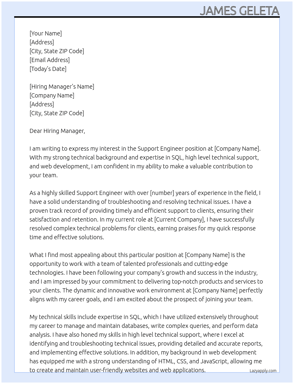 Support Engineer  At Company Cover Letter