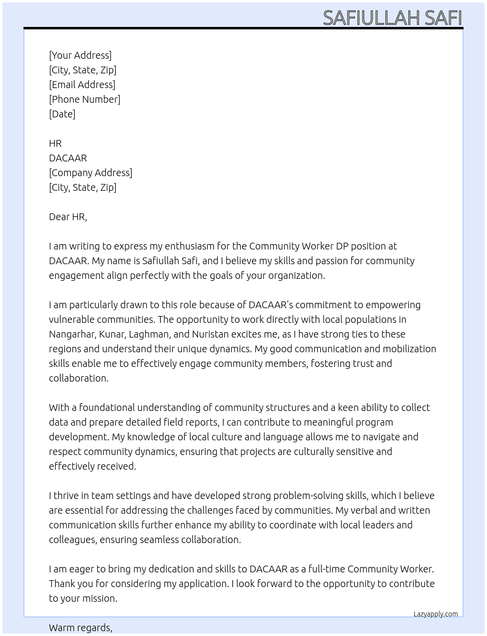 Community worker DP At DACAAR Cover Letter
