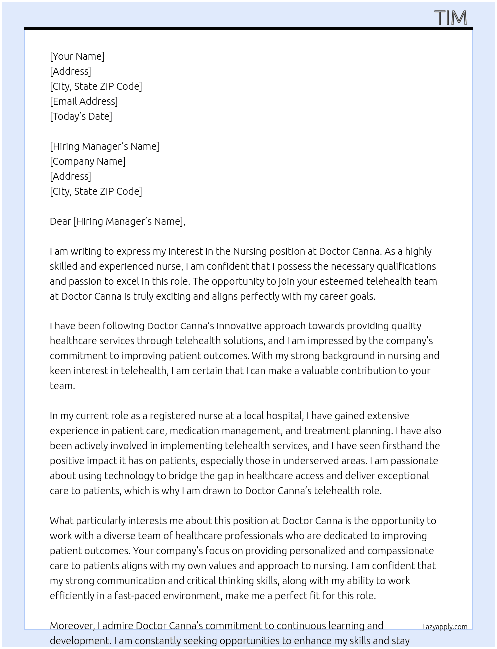 Nursing  At Doctor Canna  Cover Letter