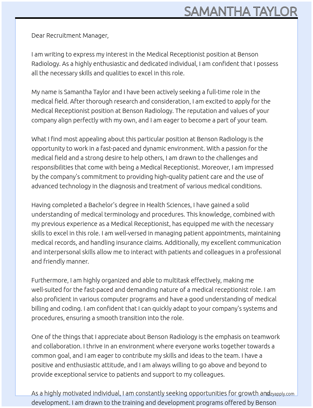 Medical Receptionist At Benson Radiology Cover Letter