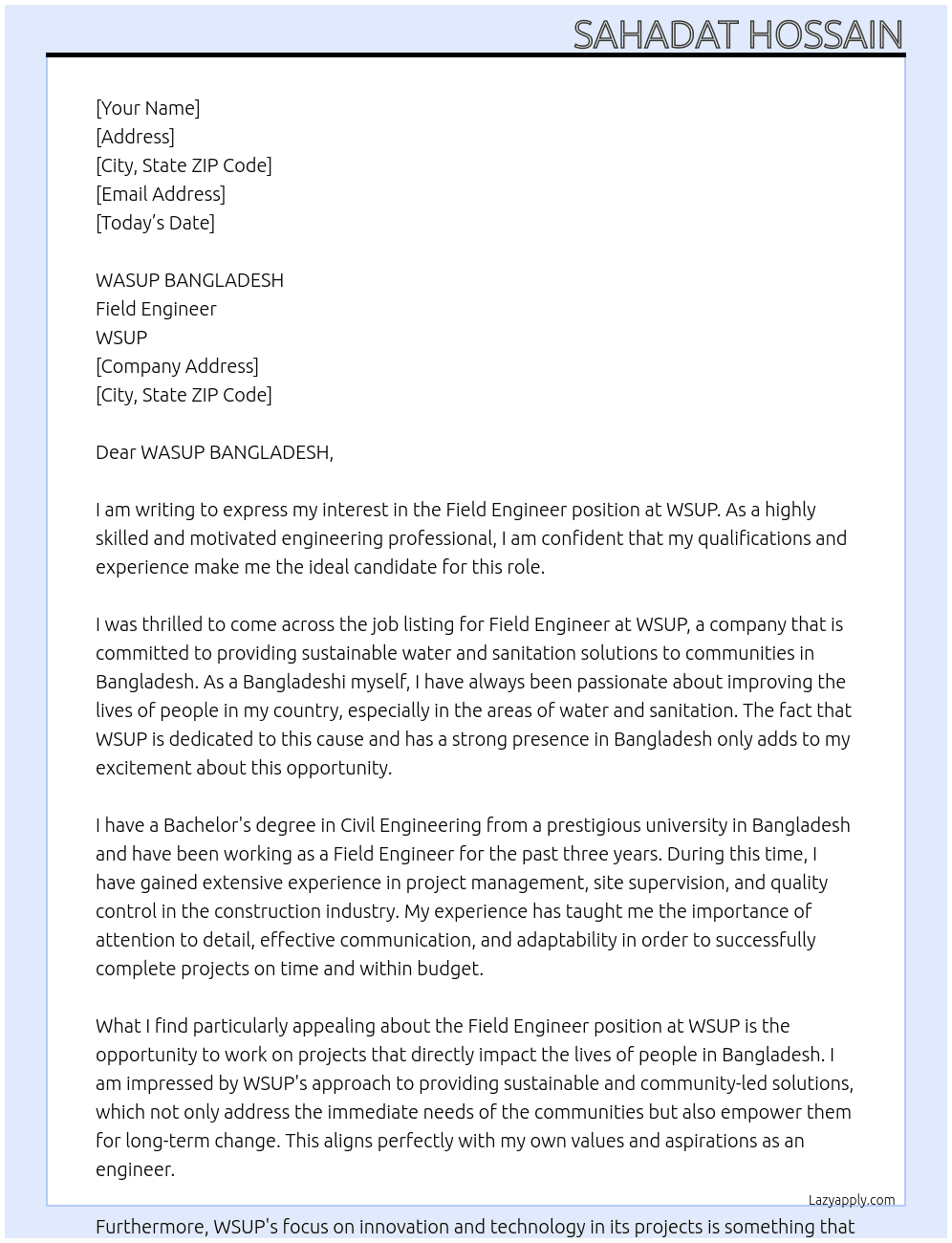 FIELD ENGINEER At WSUP Cover Letter