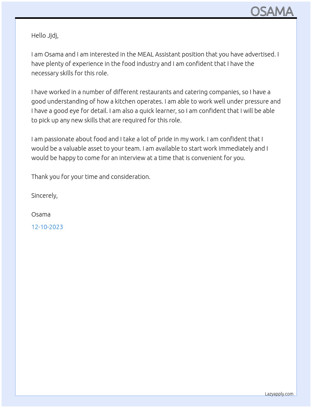 MEAL Assistant At Jjdj Cover Letter