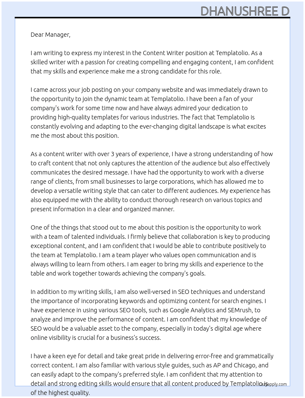 Content writer At Templatolio Cover Letter