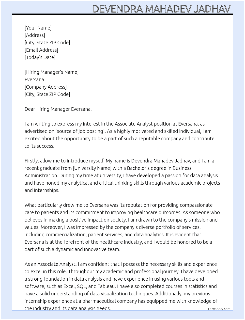 Associate Analyst  At Eversana  Cover Letter