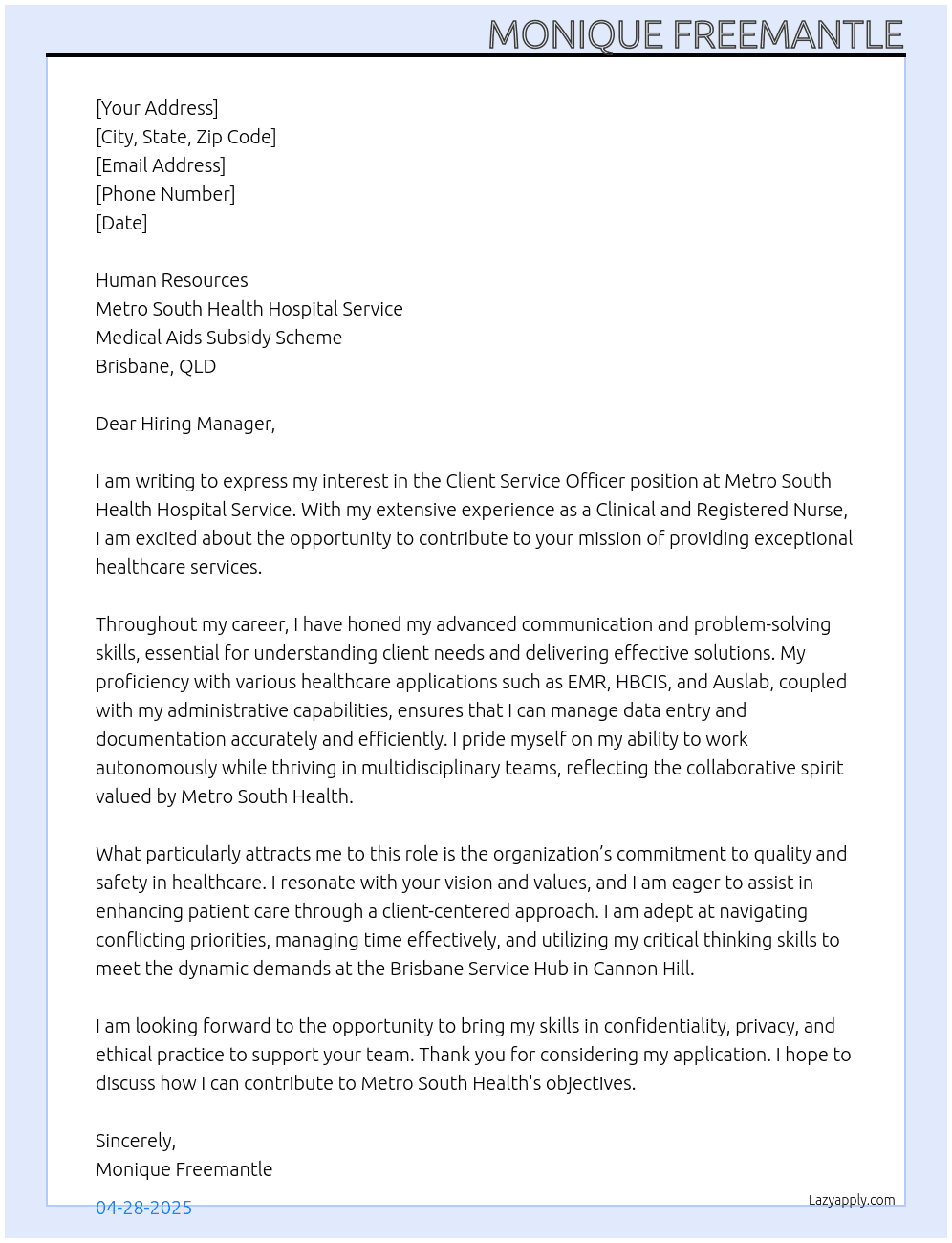 Client Service Officer At Metro South Health Hospital Service- Medical Aids Subsidy Scheme Cover Letter