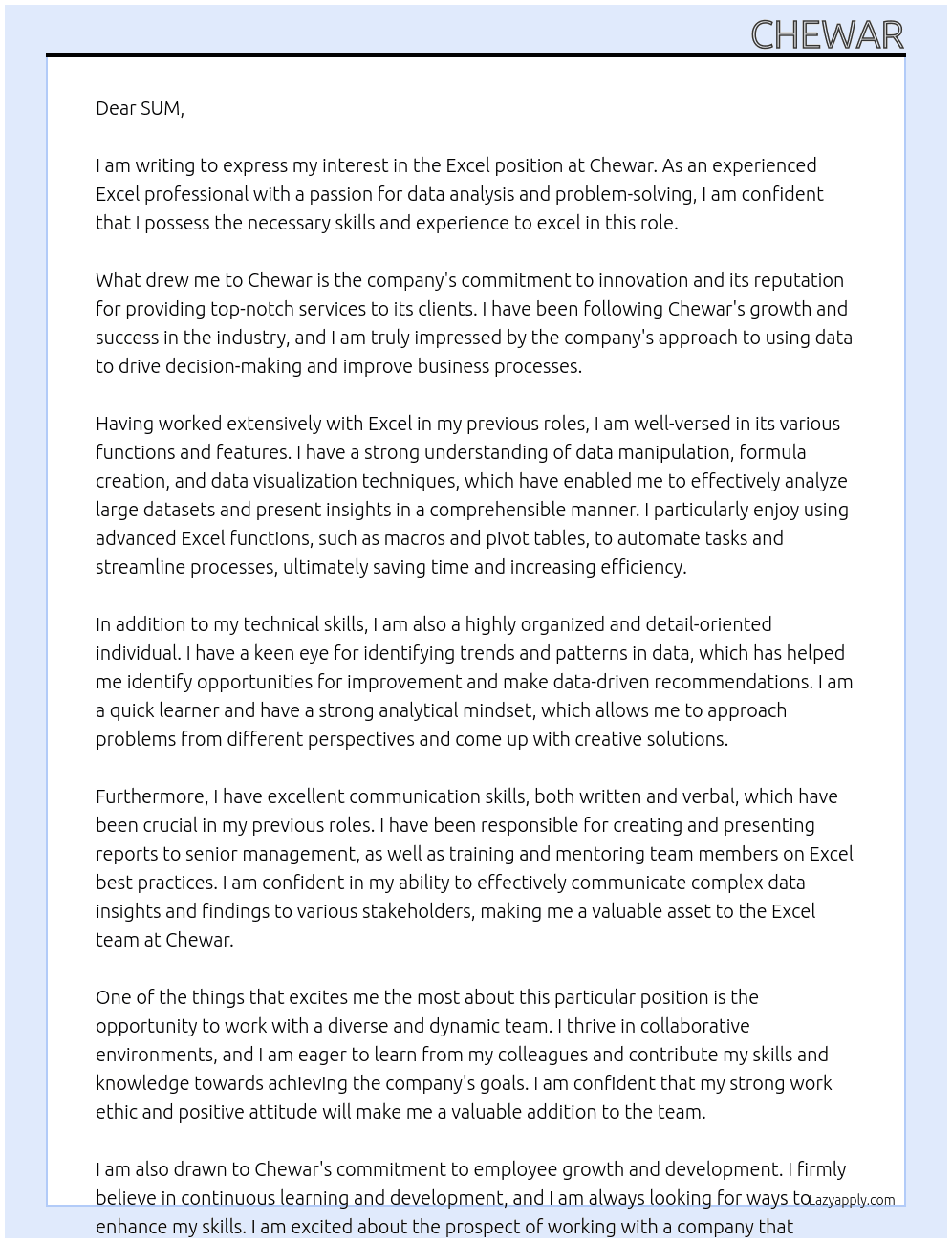 Excel At Chewar Cover Letter