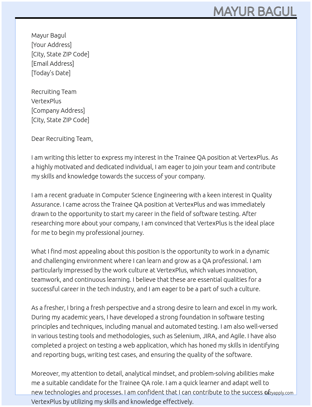 Trainee QA At VertexPlus Cover Letter