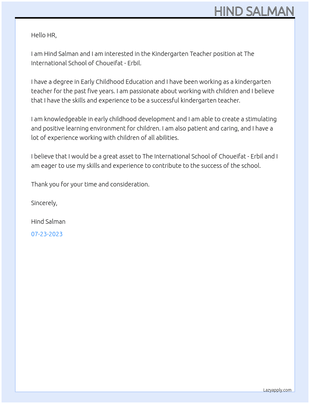 Kindergarten Teacher At The International School of Choueifat - Erbil Cover Letter