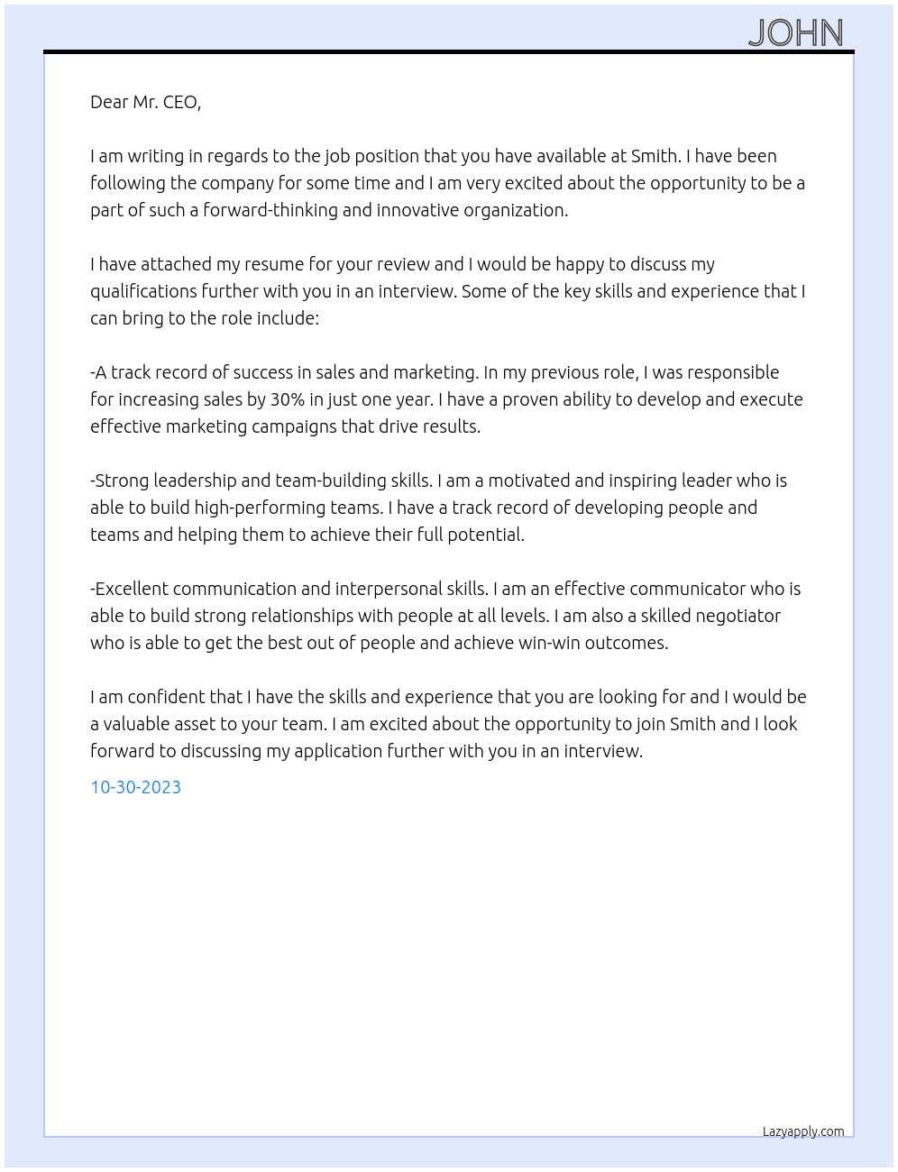 job At Smith Cover Letter