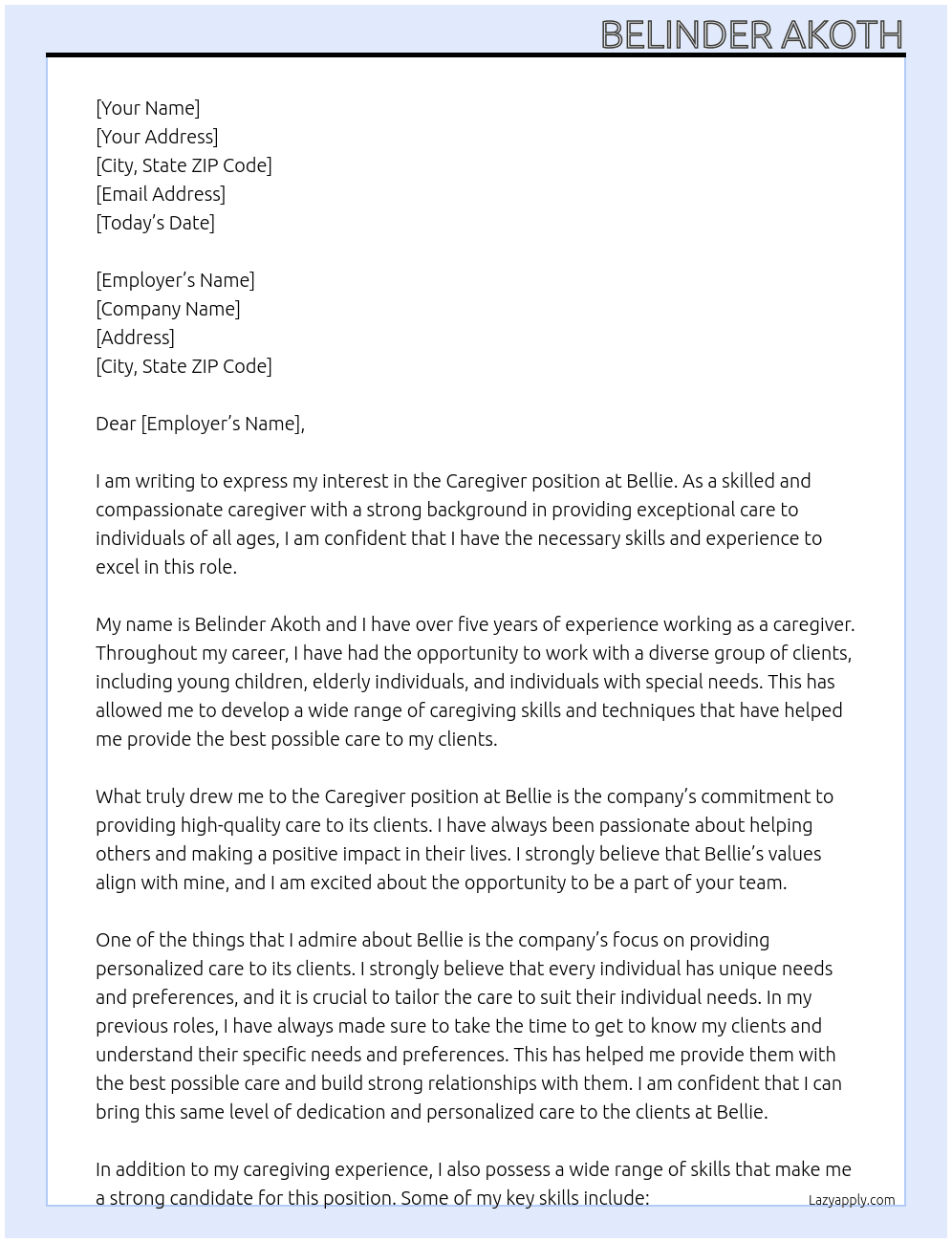Cover letter for care giver biography - LazyApply