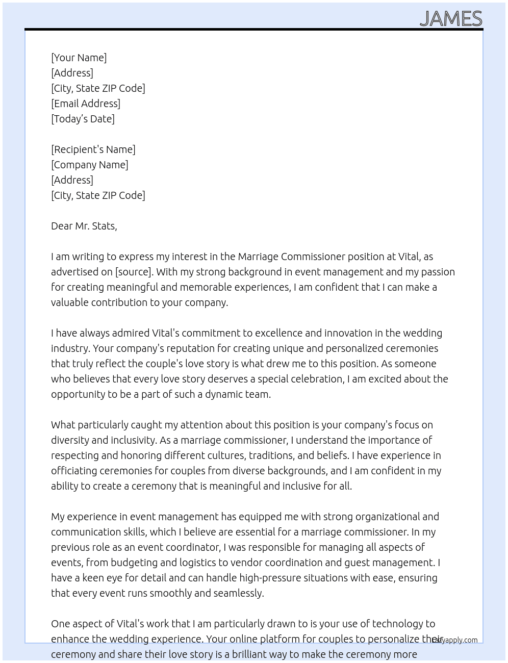 Marriage commissioner At Vital Cover Letter