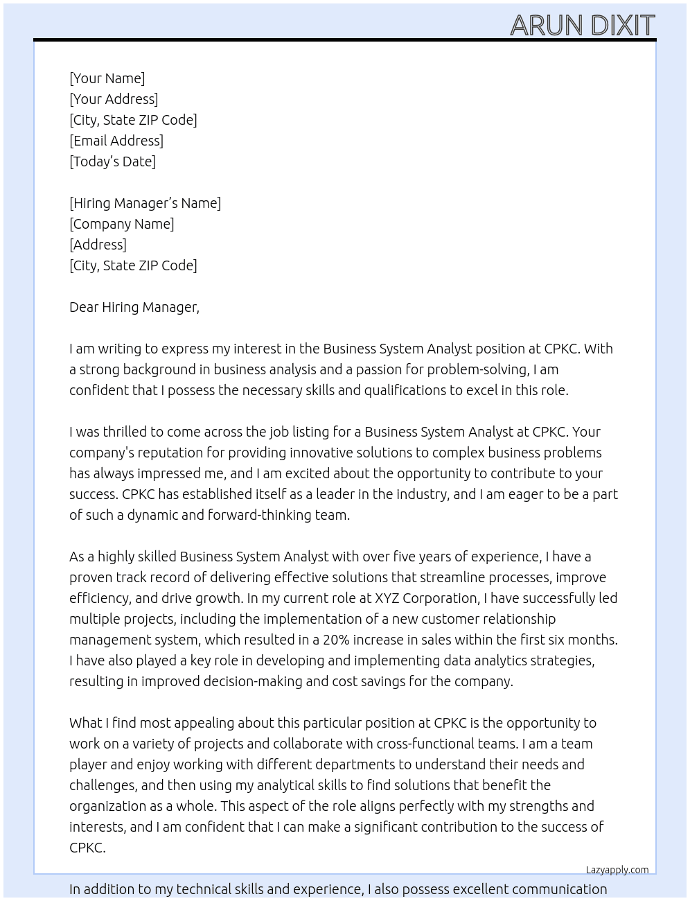Business System Analyst At CPKC Cover Letter