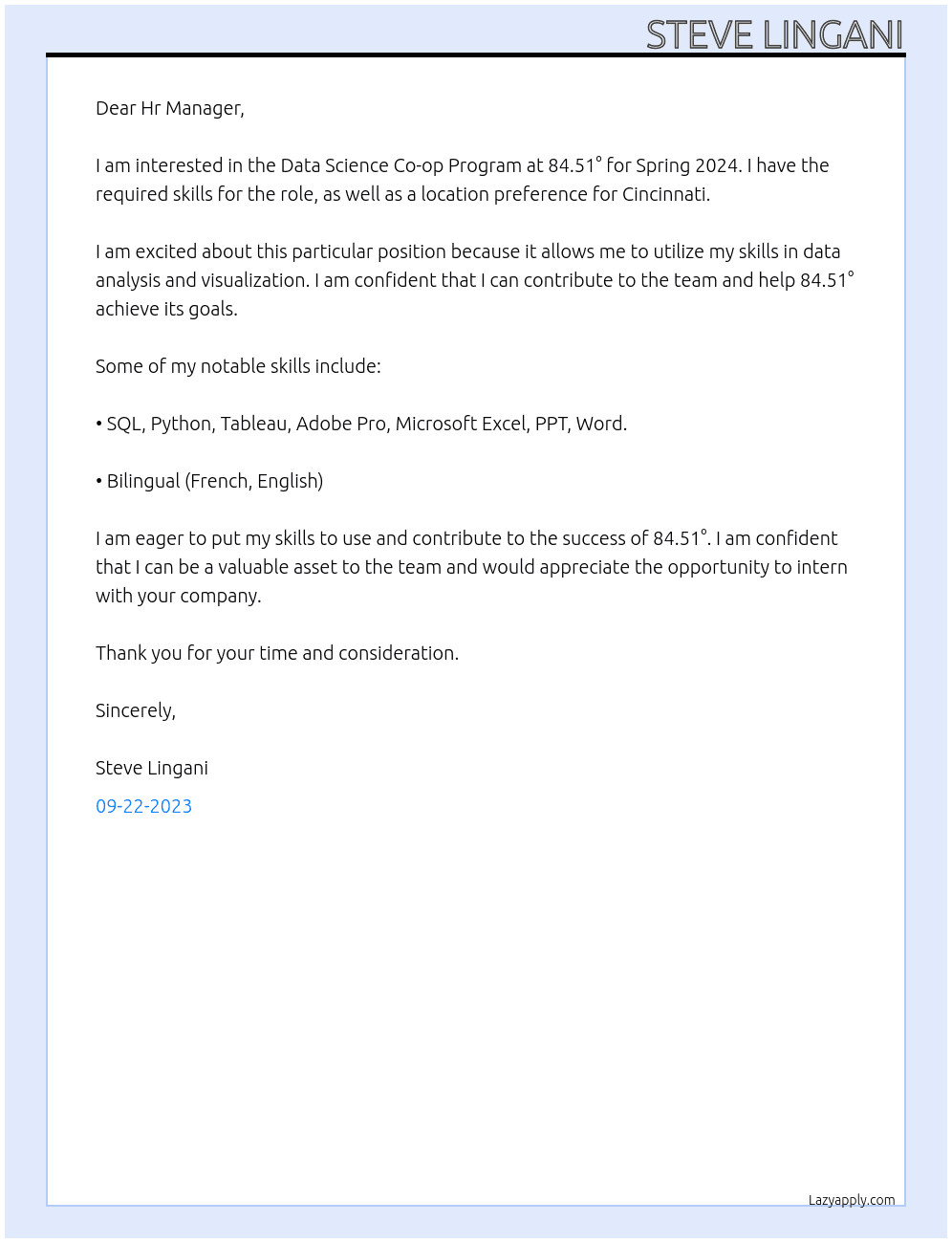 Data Science - Co-op Program - Spring 2024 At 84.51° Cover Letter