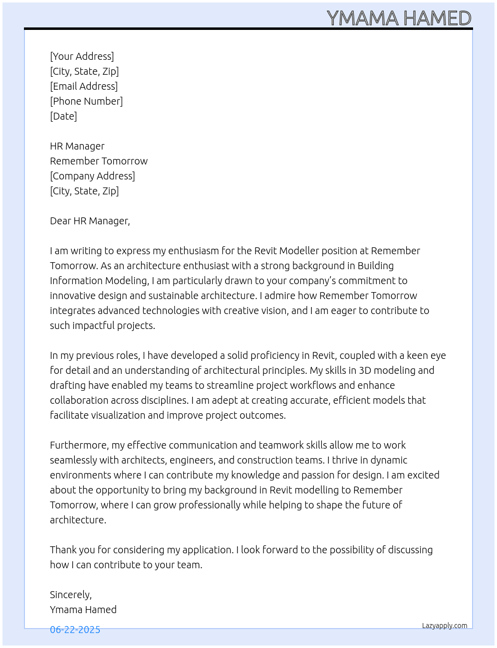 Revit Modeuller  At Remember tomorrow  Cover Letter