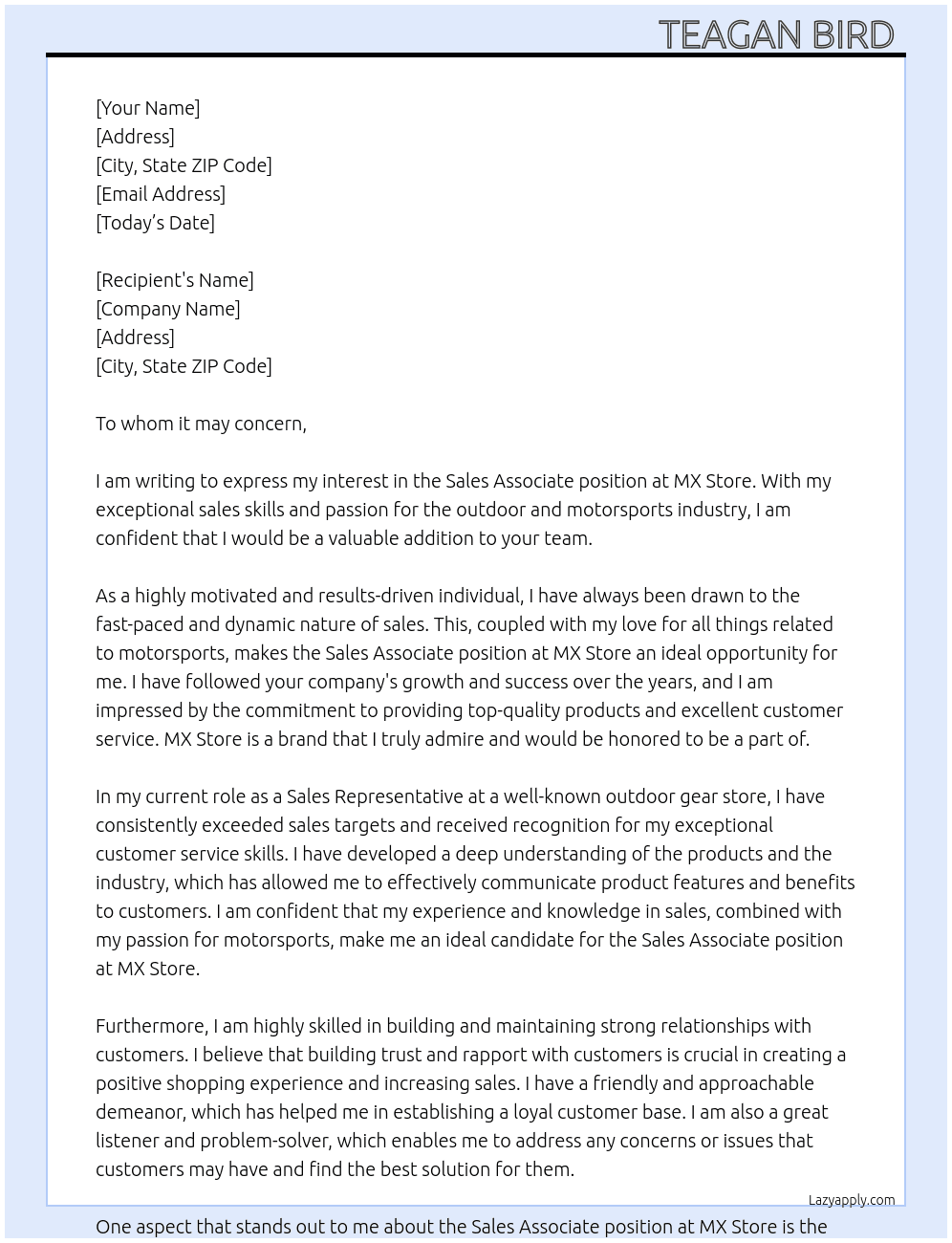 sales associate  At MX Store  Cover Letter